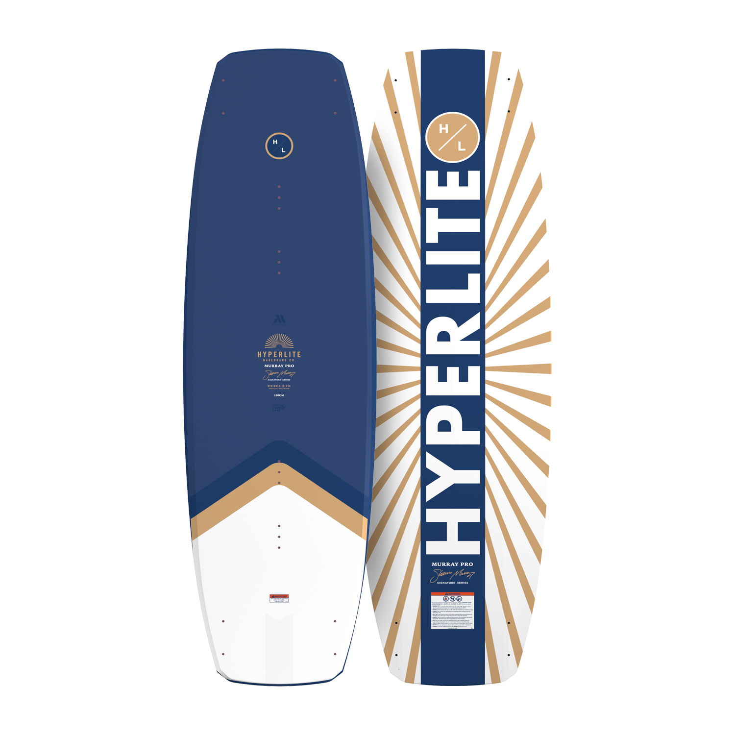 Top and base view of Murray wakeboard with blue top deck and white base accents.