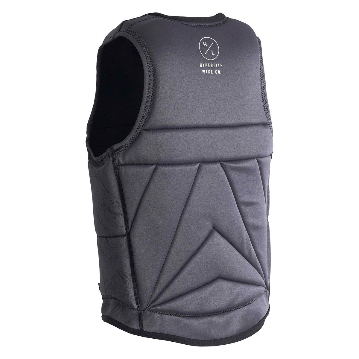 Rear angled view of Nalu Jacket showing gray panels with black trim and logo at top.