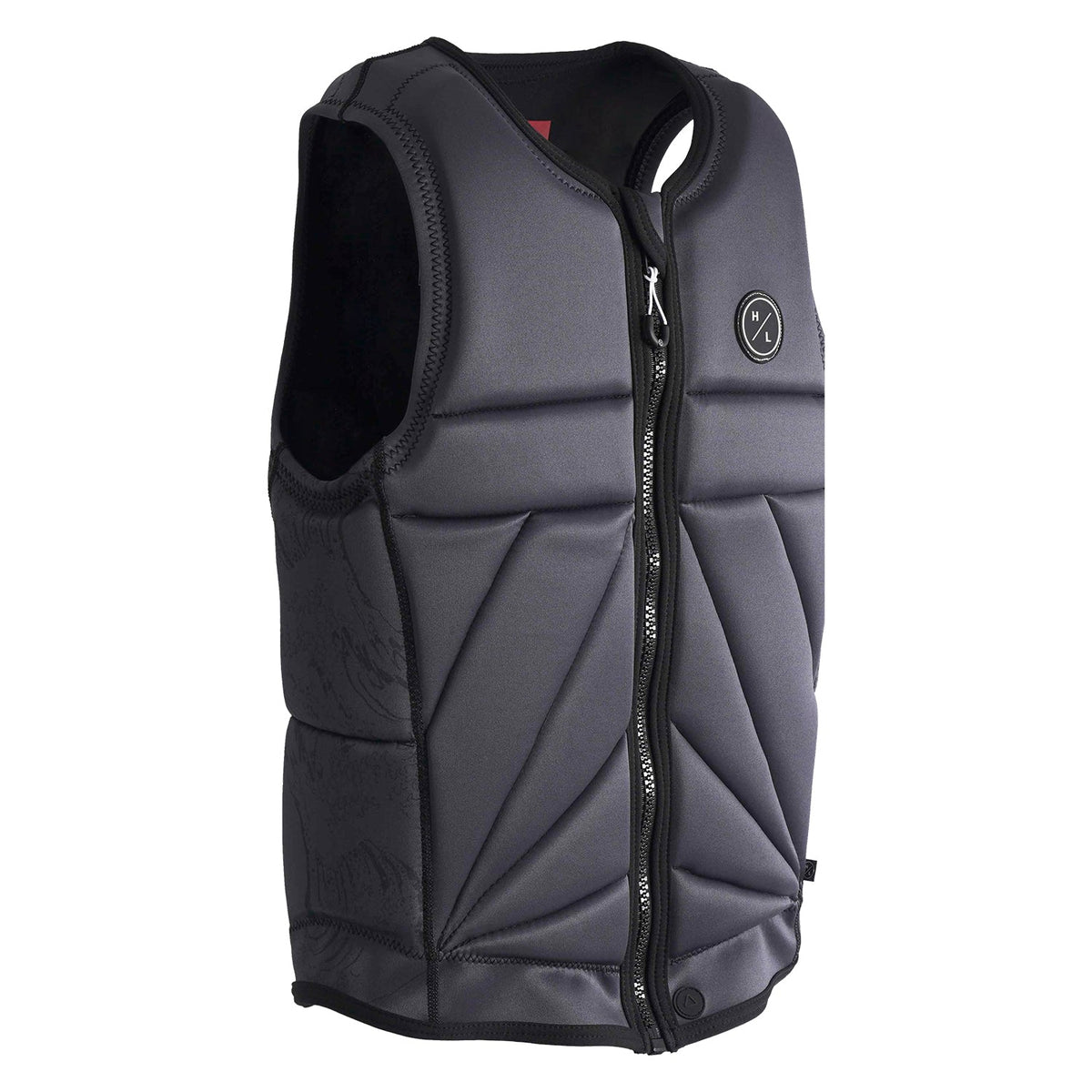 Angled view of Nalu Jacket showing gray front panels with black zipper and HL logo on chest.