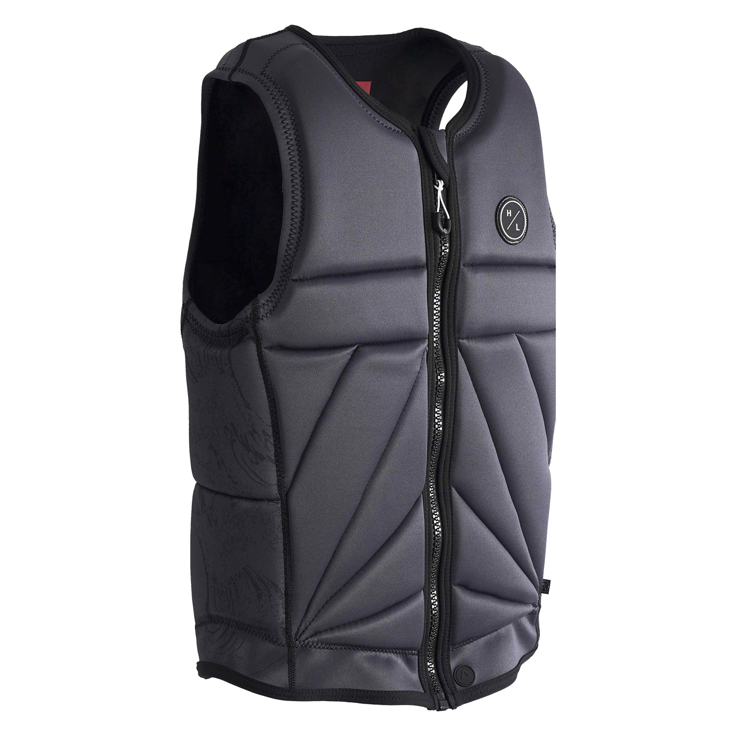 Angled view of Nalu Jacket showing gray front panels with black zipper and HL logo on chest.