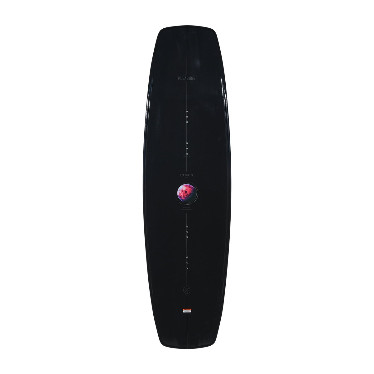 Top view of the Pleasure wakeboard featuring a black deck with a pink planet graphic.