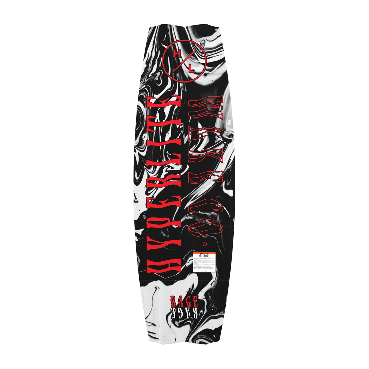 Bottom view of Rage wakeboard with red lettering and HL circle logo.