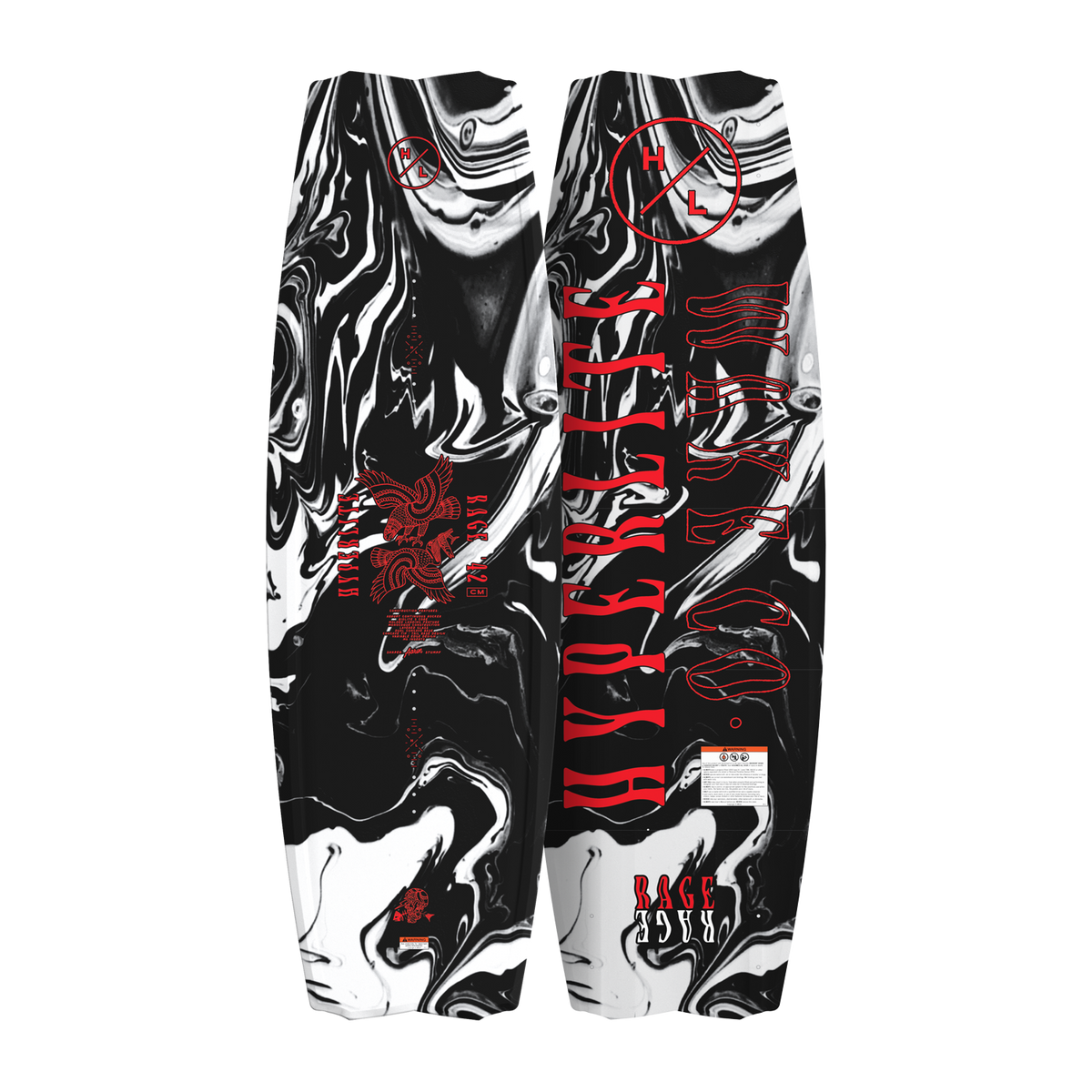Top and bottom view of Rage wakeboard with black and white marble design and red accents.