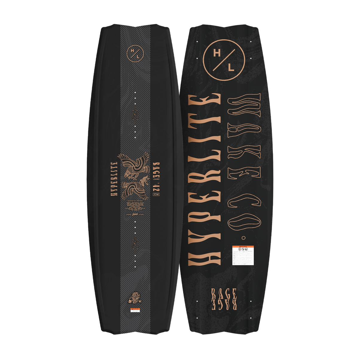 Top and bottom view of Rage Loaded wakeboard with black base and copper graphics.