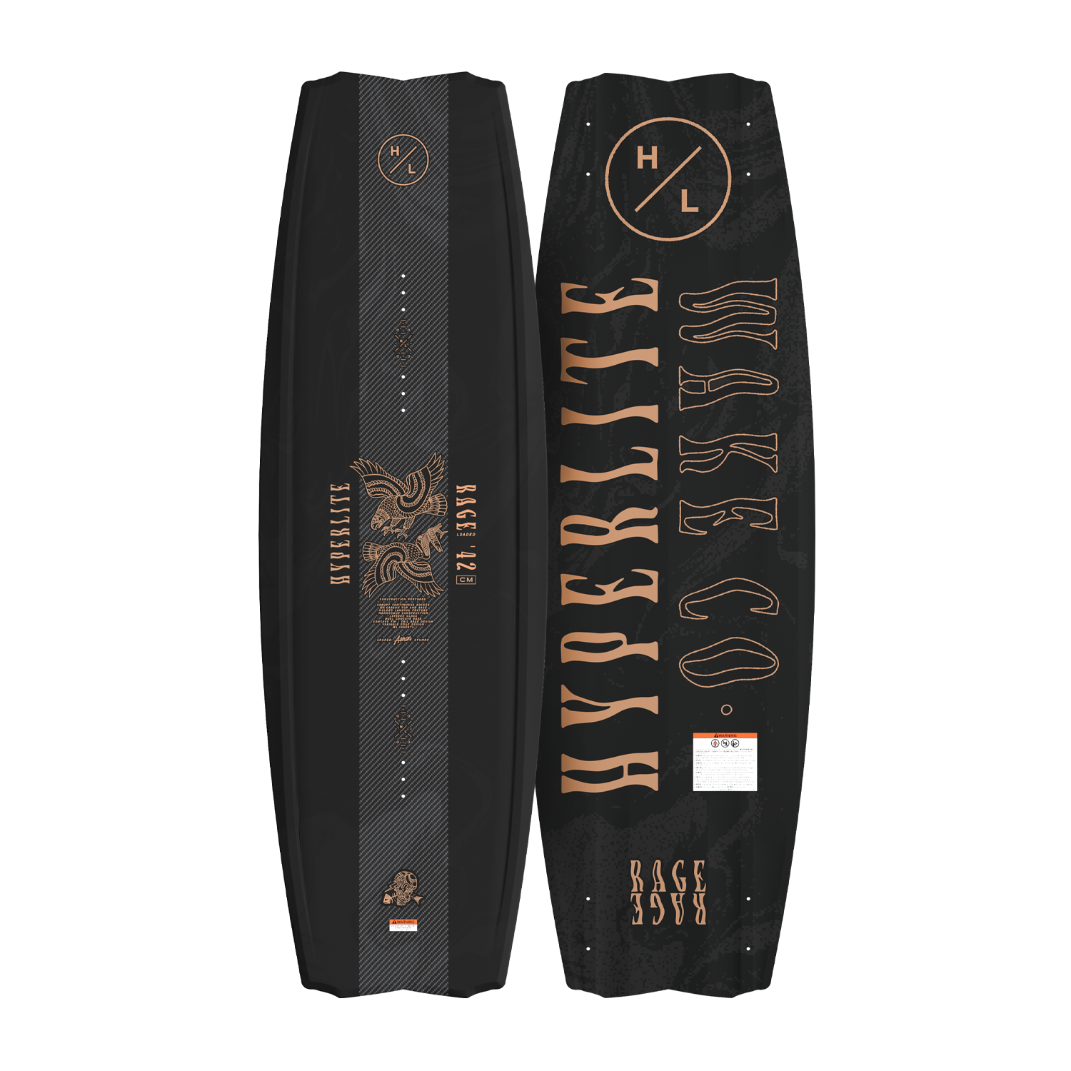 Top and bottom view of Rage Loaded wakeboard with black base and copper graphics.