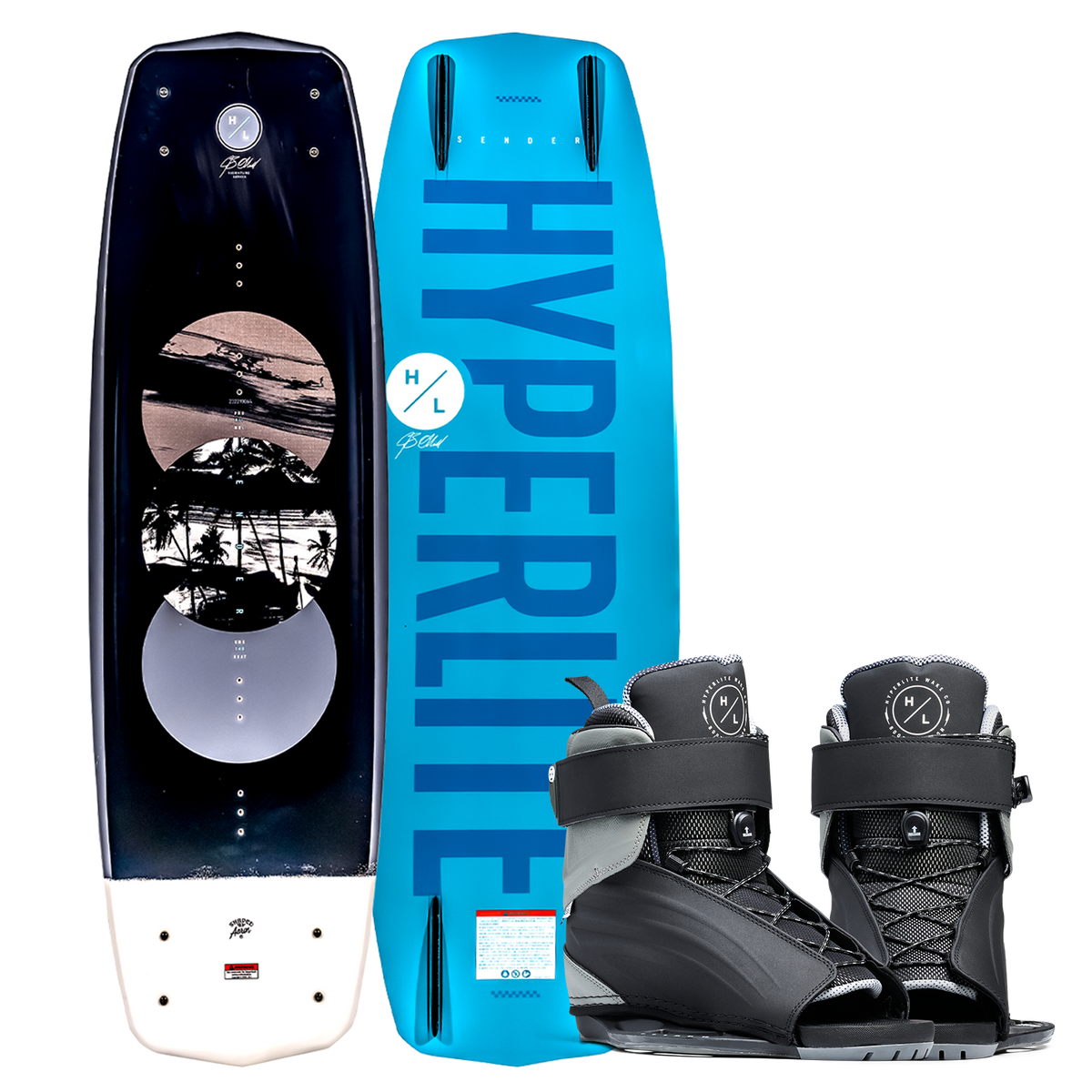 Top and bottom view of Sender wakeboard in black and blue with black Session bindings.