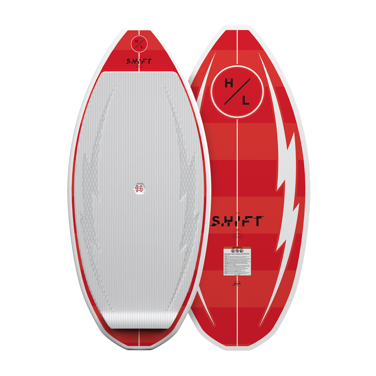 Top and base view of Shift wakesurf board in red with white traction pad and accents.