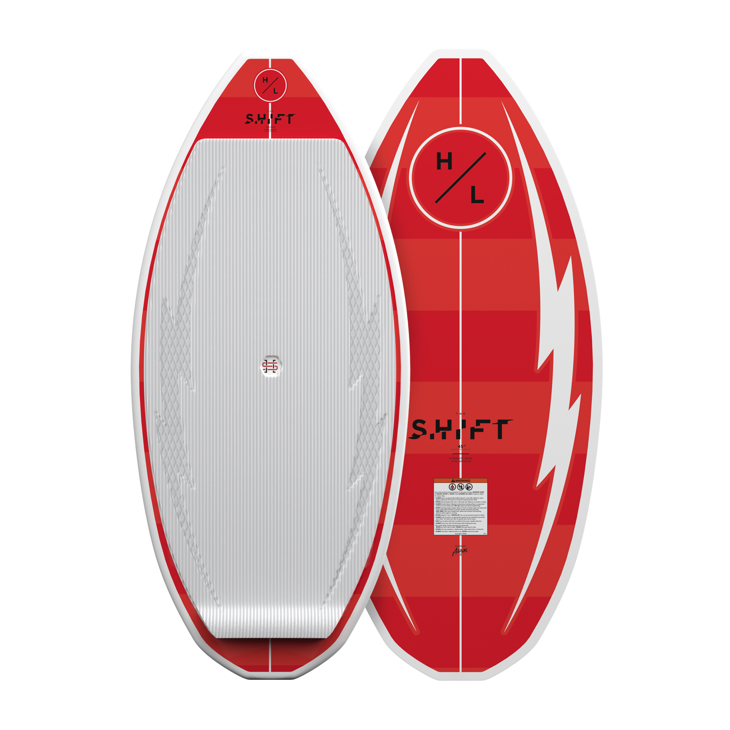 Top and base view of Shift wakesurf board in red with white traction pad and accents.