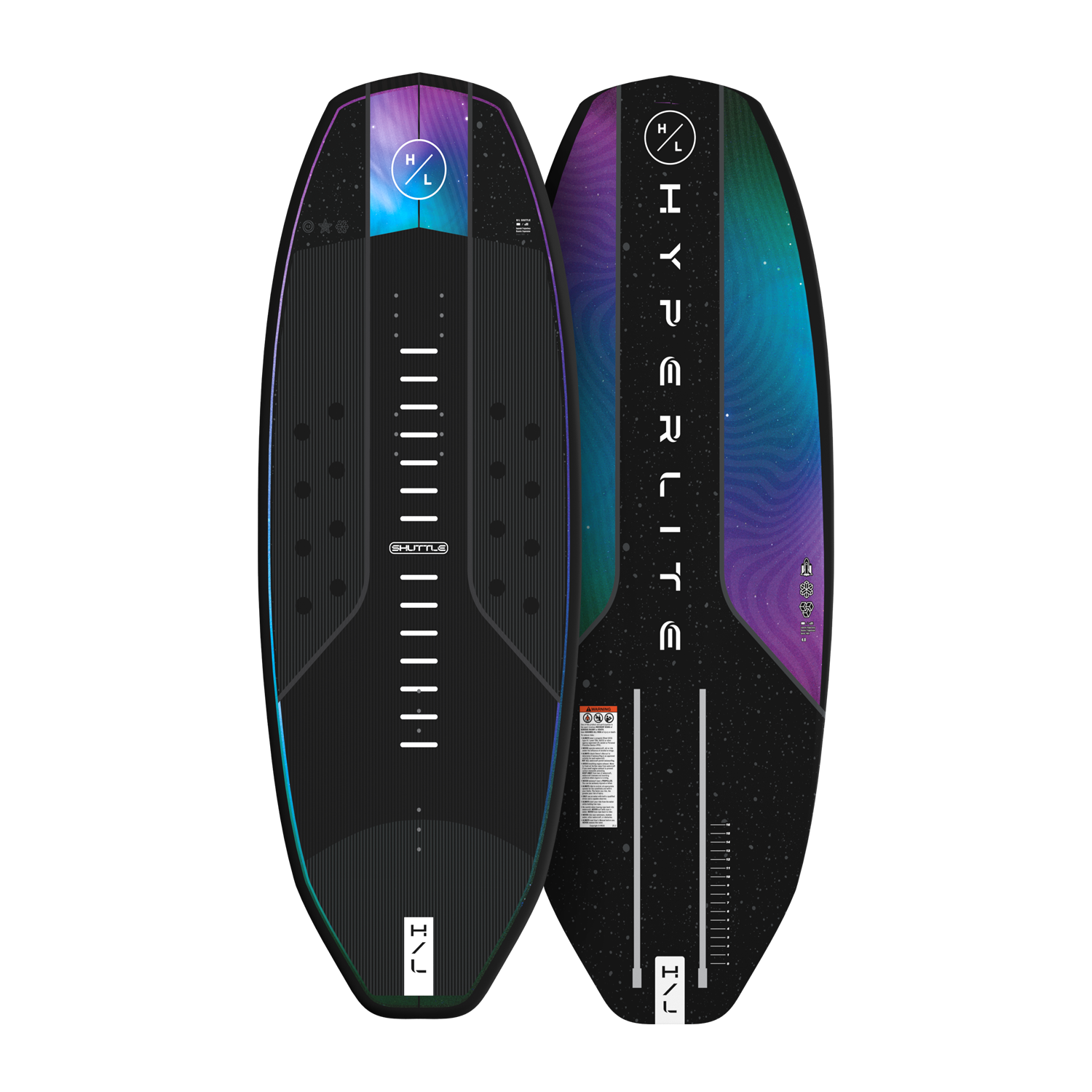 Top and base view of Shuttle board showing black slotted top and colorful gradient base.