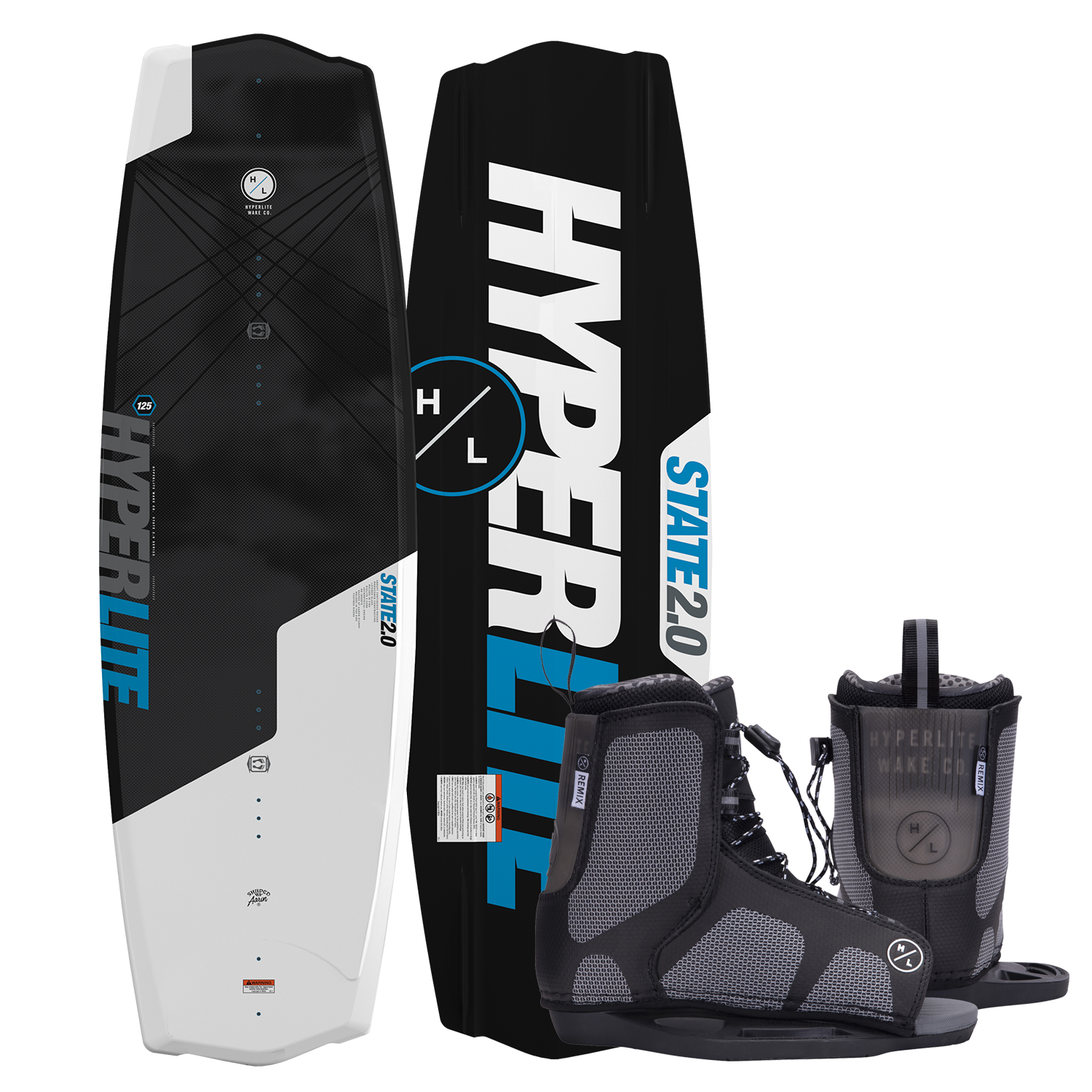 Top and bottom view of State Jr. wakeboard in black and white with blue logo and gray Remix bindings.