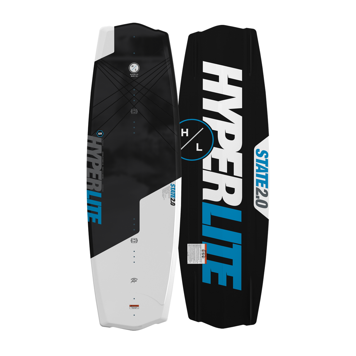 Side-by-side top and base view of State Jr. wakeboard in black, white, and blue.