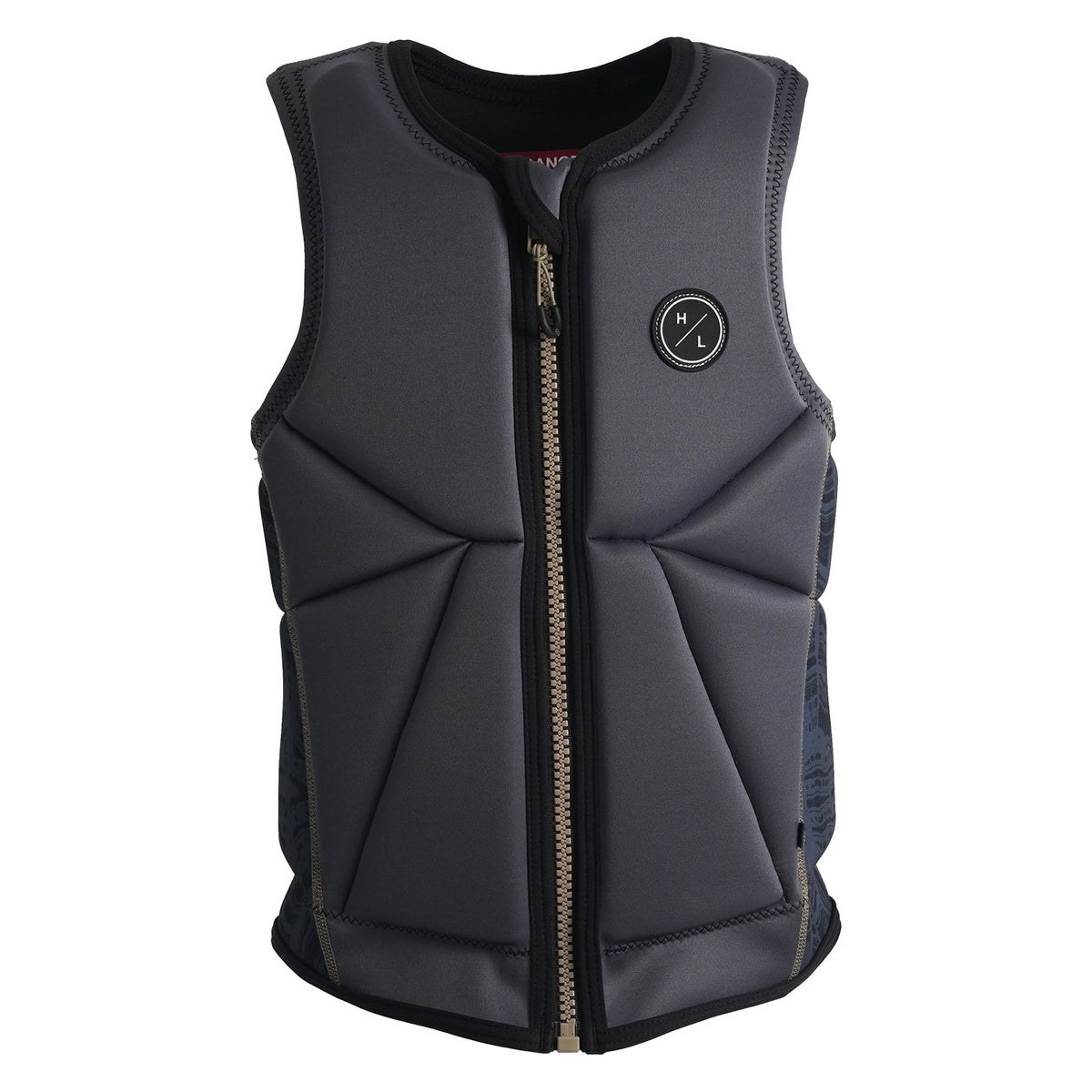 Front view of Storm Jacket showing padded gray panels and circular HL logo on left chest.