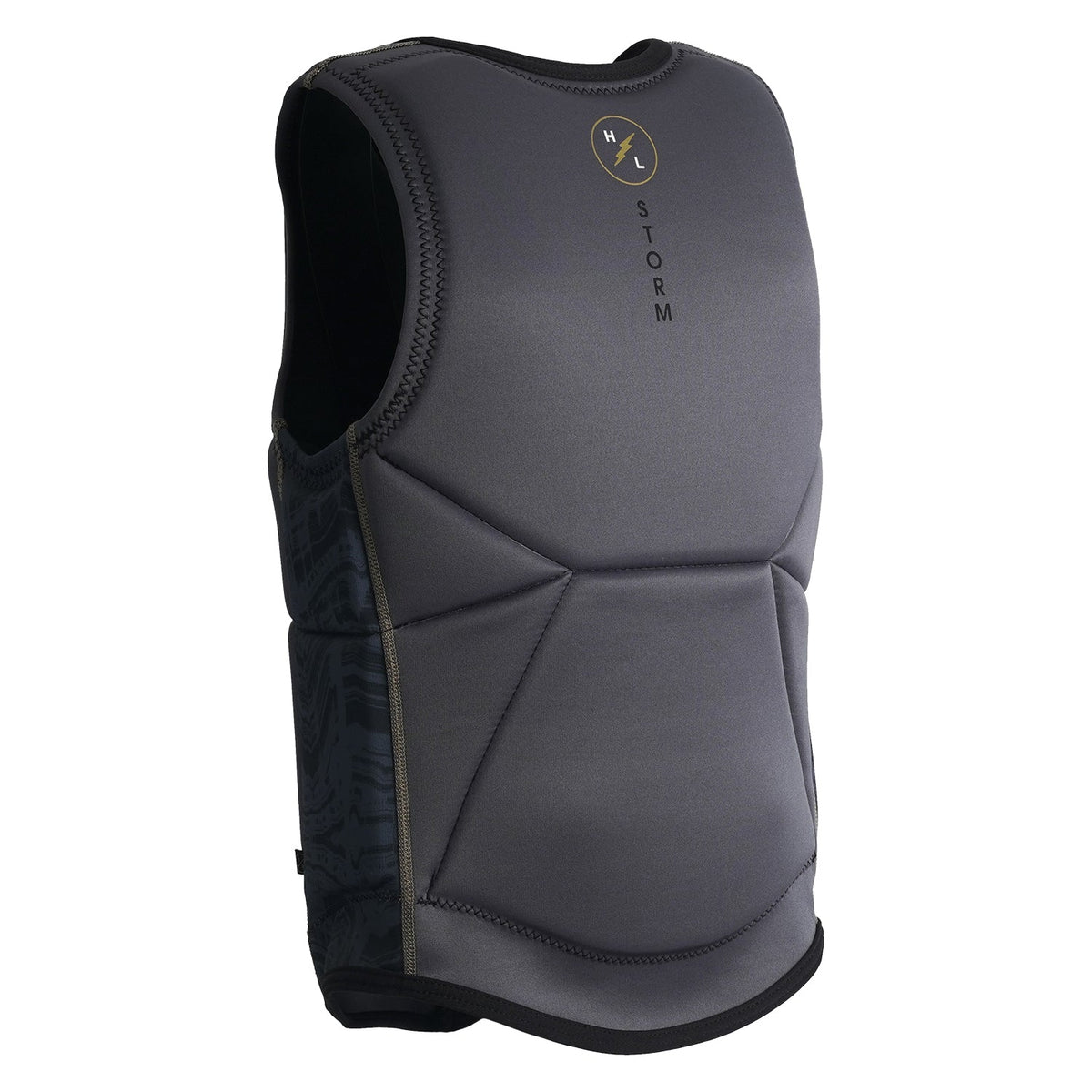 Rear angled view of Storm Jacket showing curved hem and printed side texture.