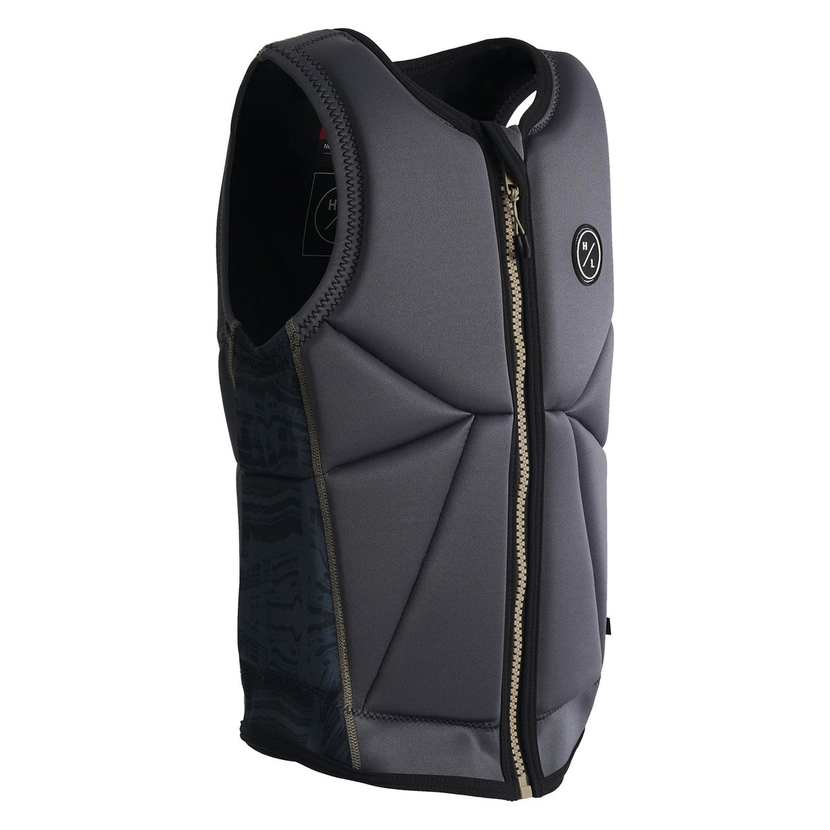 Angled view of Storm Jacket showing gray front panels with gold zipper and HL logo on chest.