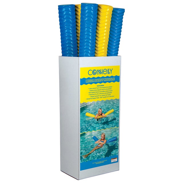 Display box of Mega Party Noodles, featuring blue and yellow foam noodles with a wavy texture and product details on front.