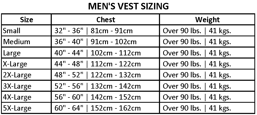 Table of Caliber Men‚Äôs CGA Vest: sizes, chest (in/cm), weight (lbs/kgs); USCG approved.