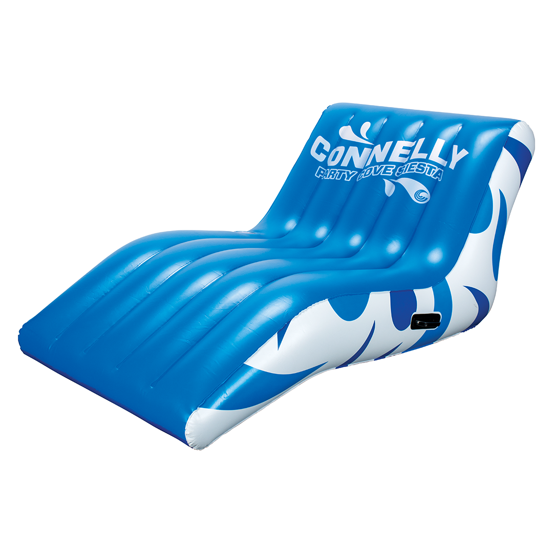 Angled view of the Party Cove Siesta, a blue inflatable lounge with a contoured backrest, ribbed seating, and white accents.
