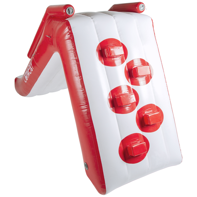 Back view of the Pontoon Slide, showing red climbing handles on a white inflatable surface for easy access.