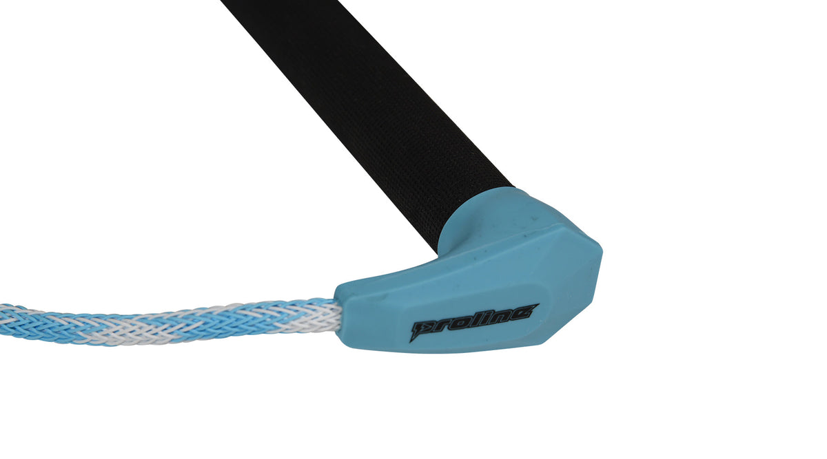 Close-up of blue handle end with Proline logo and braided blue-and-white rope attached.