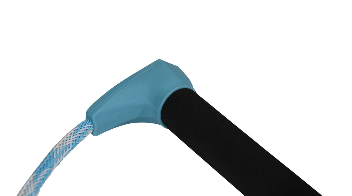 Close-up of blue handle connection showing smooth molded edge and black foam grip.