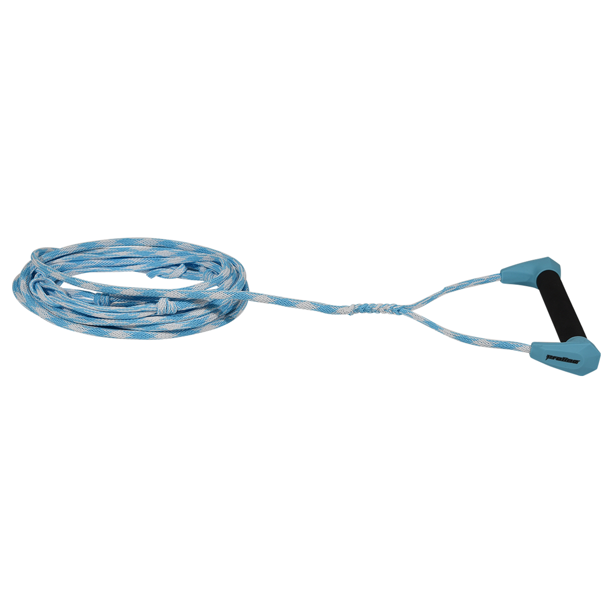 Angled view of blue Choice Handle with 25' Spectra Rope, shown coiled with black foam grip.