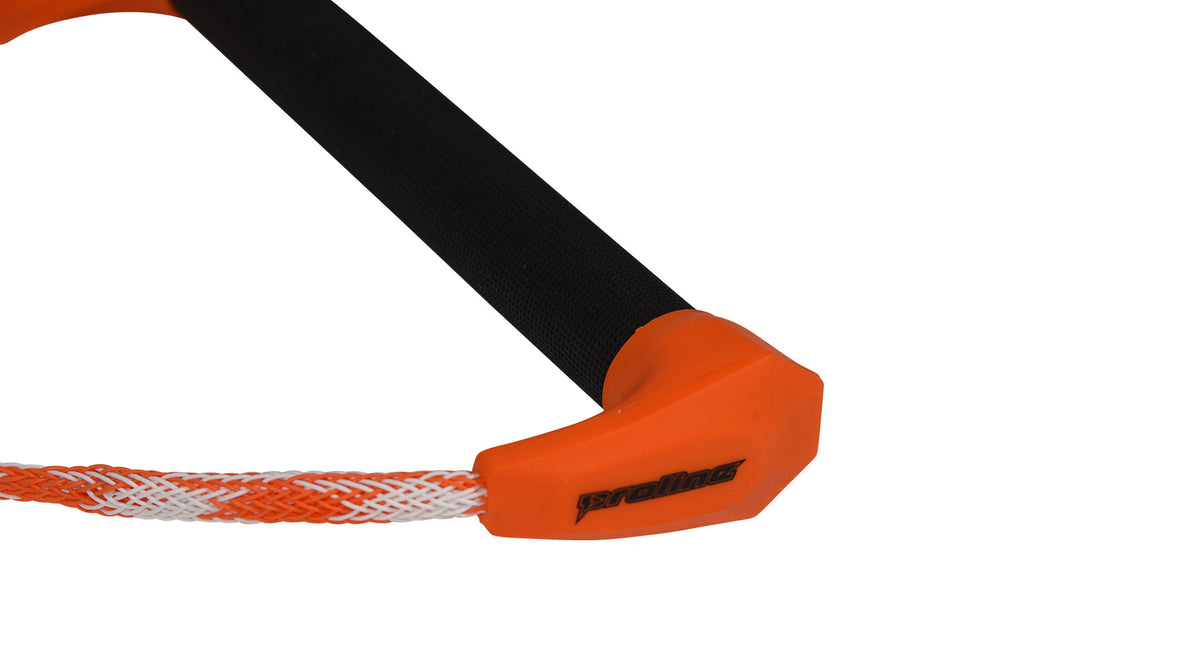 Close-up of orange handle end with Proline logo and braided orange-and-white rope attached.