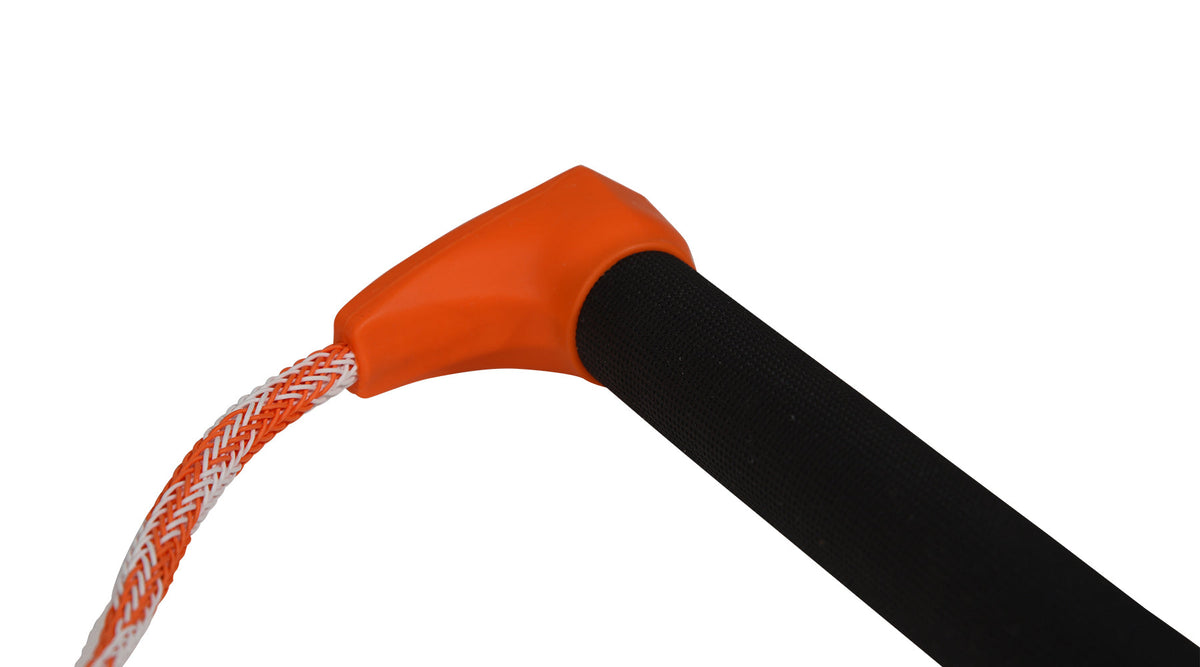 Close-up of orange handle connection showing smooth molded edge and black foam grip.