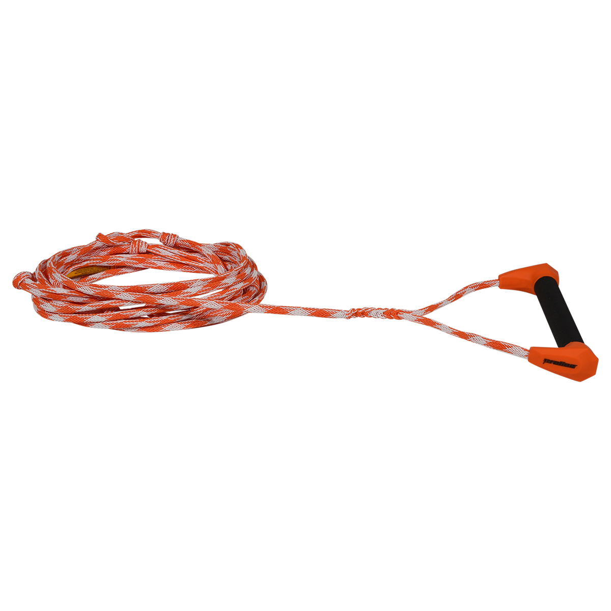 Angled view of orange Choice Handle with 25' Spectra Rope, shown coiled with black foam grip.