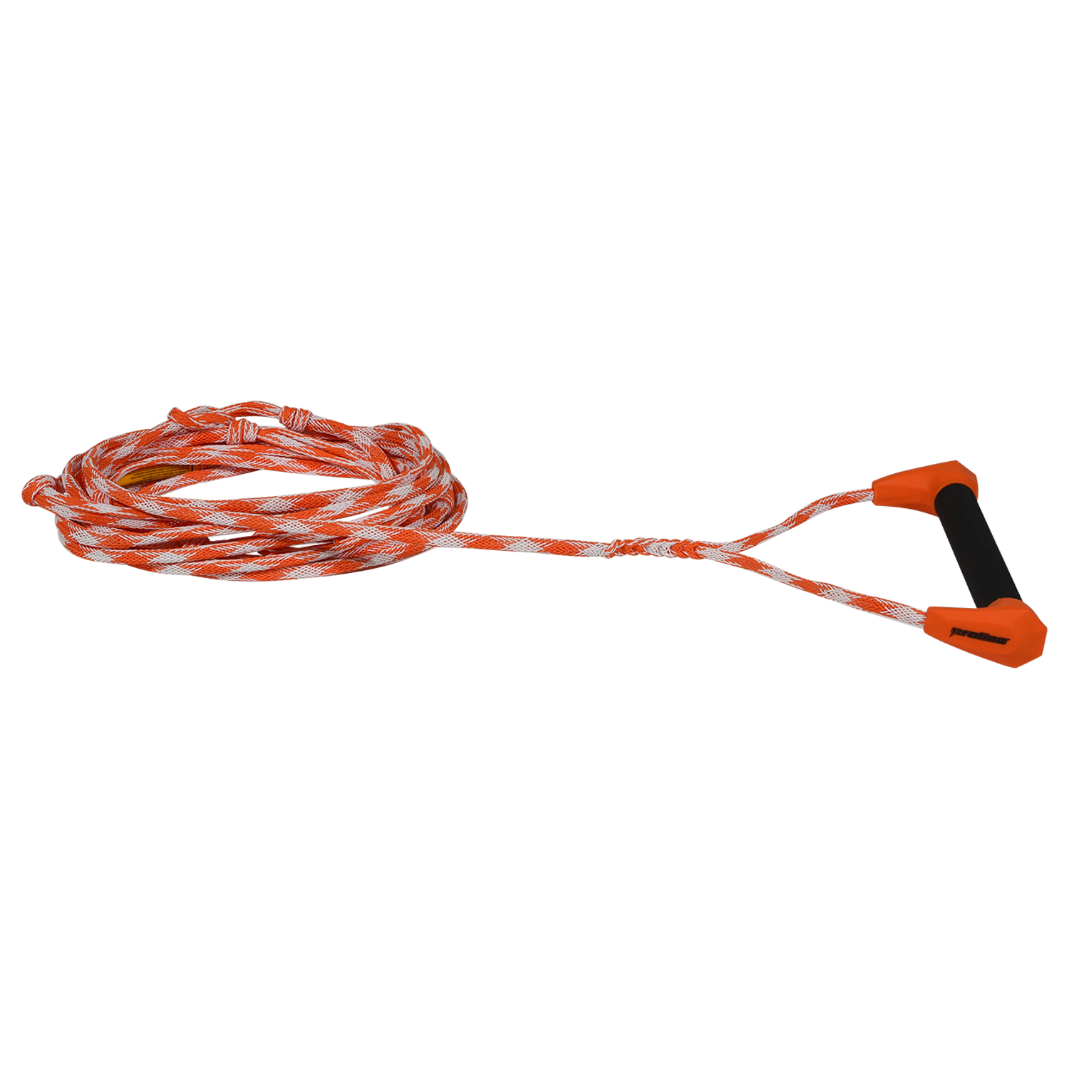 Angled view of orange Choice Handle with 25' Spectra Rope, shown coiled with black foam grip.