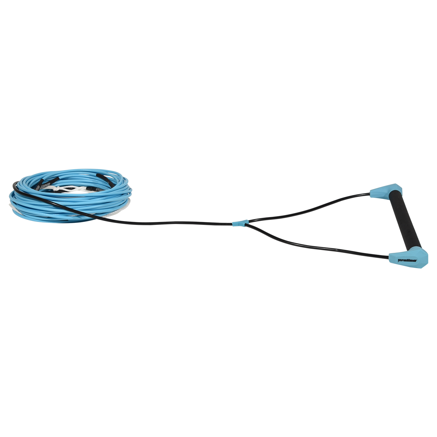 Angled view of Choice Handle with 75' Dyneema Rope in cyan, shown coiled with black handle.