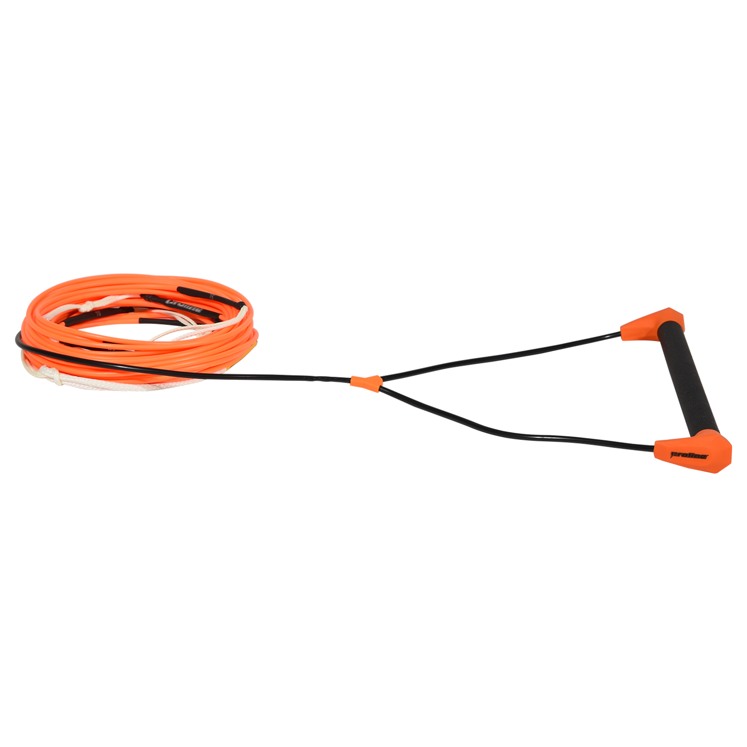 Angled view of Choice Handle with 75' Dyneema Rope in orange, shown coiled with black handle.