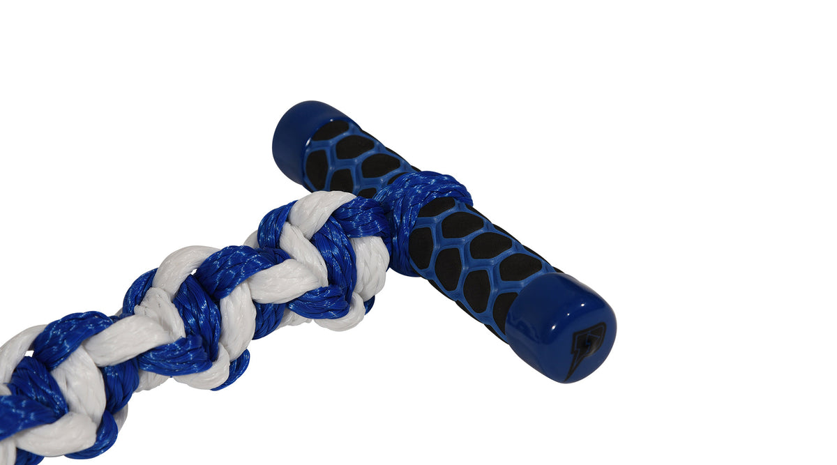 Close-up of blue handle end with black grip pattern and small logo on end cap.