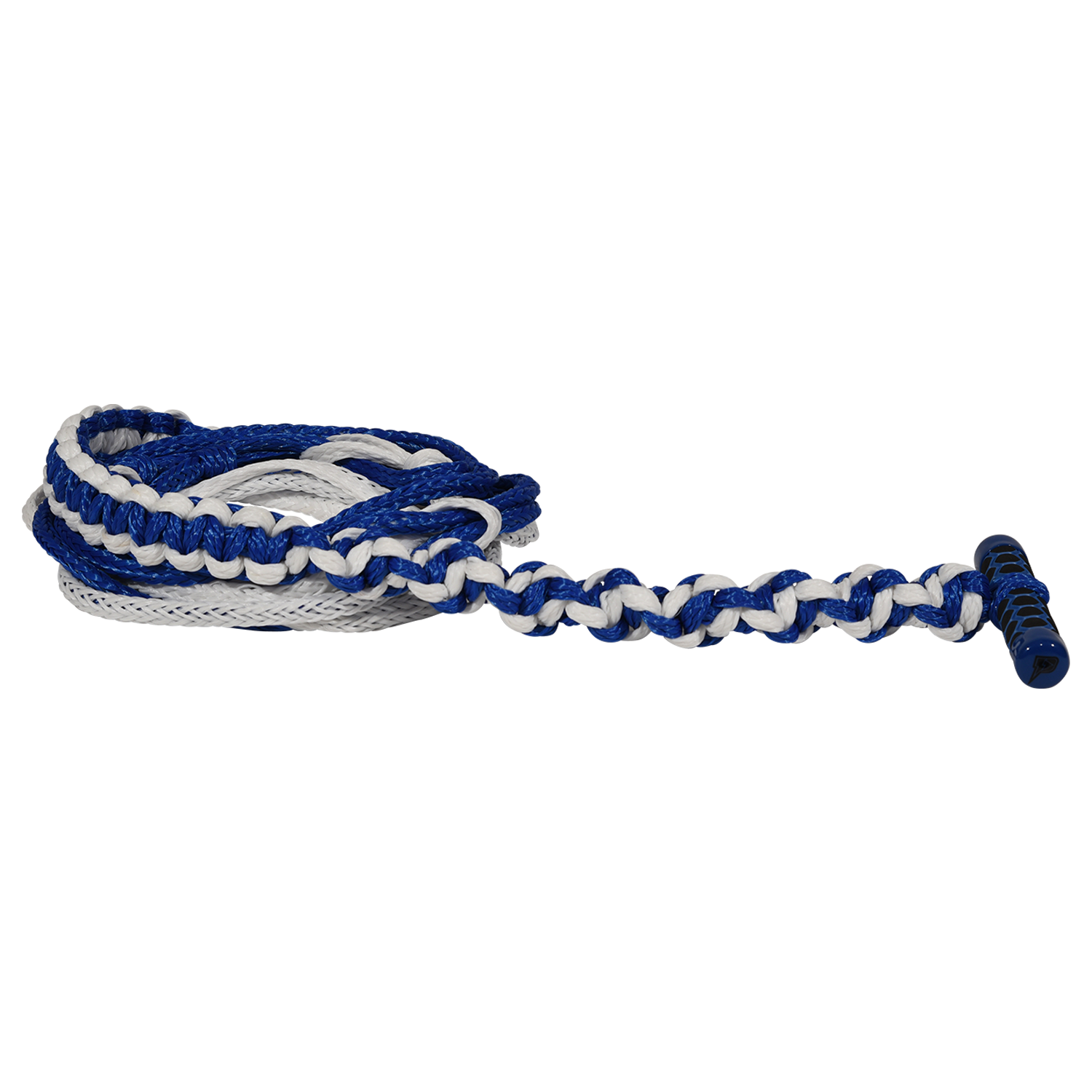 Angled view of blue Classic Handle with 20' Poly-E Rope, shown coiled with black textured grip.