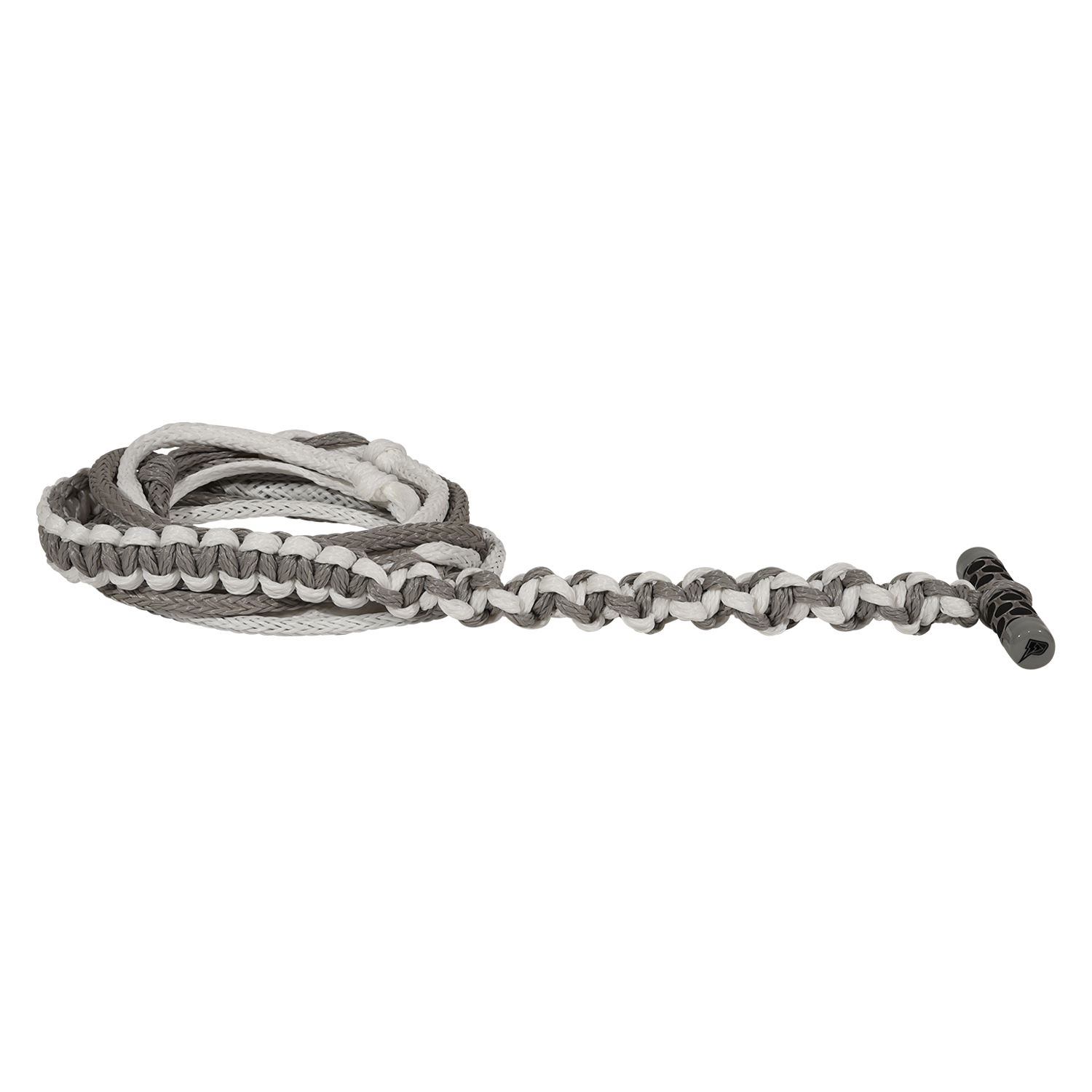 Angled view of grey Classic Handle with 20' Poly-E Rope, shown coiled with black textured grip.