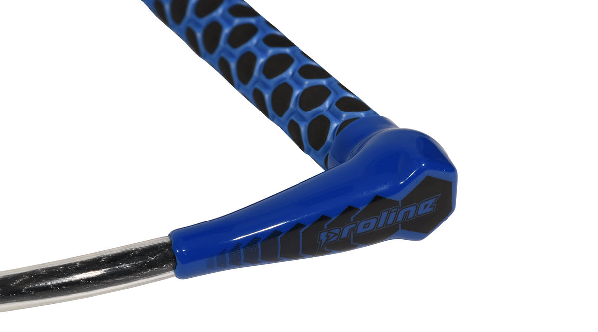 Close-up of blue handle end with Proline logo and black-and-blue patterned grip texture.