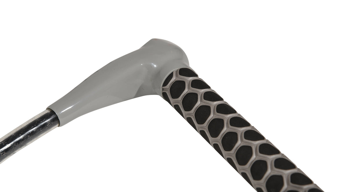 Close-up of grey handle connection showing smooth finish and black-and-grey textured grip.