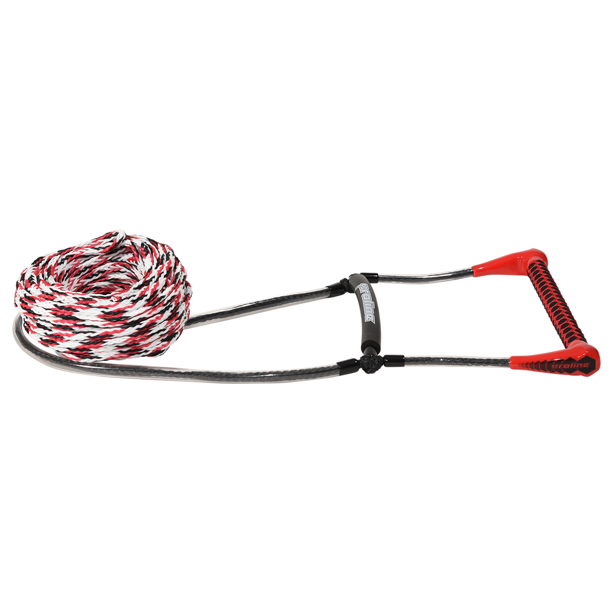 Angled view of Easy-Up Package - EVA Handle w/ 5-Section Mainline with red handle and red, white, black rope.