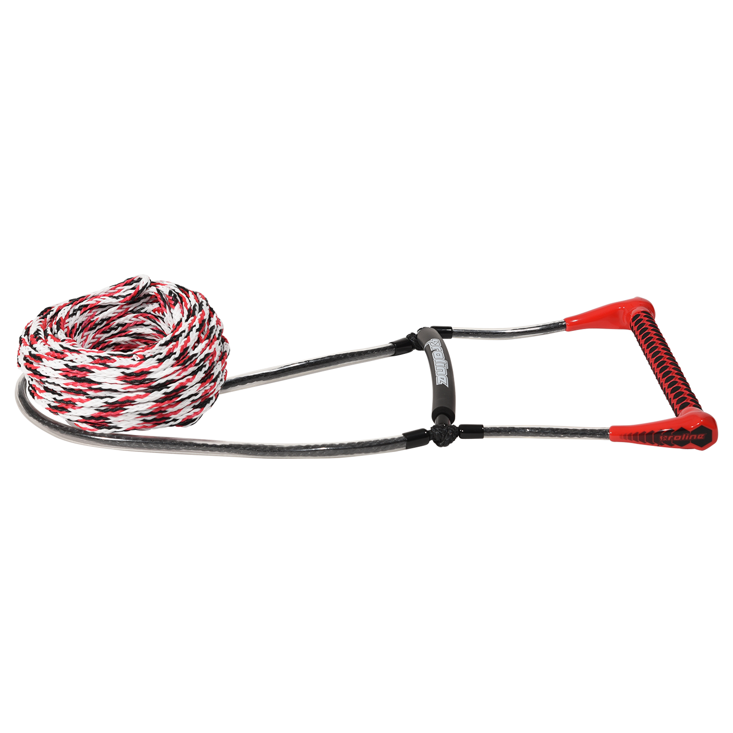 Angled view of Easy-Up Package - EVA Handle w/ 5-Section Mainline with red handle and red, white, black rope.