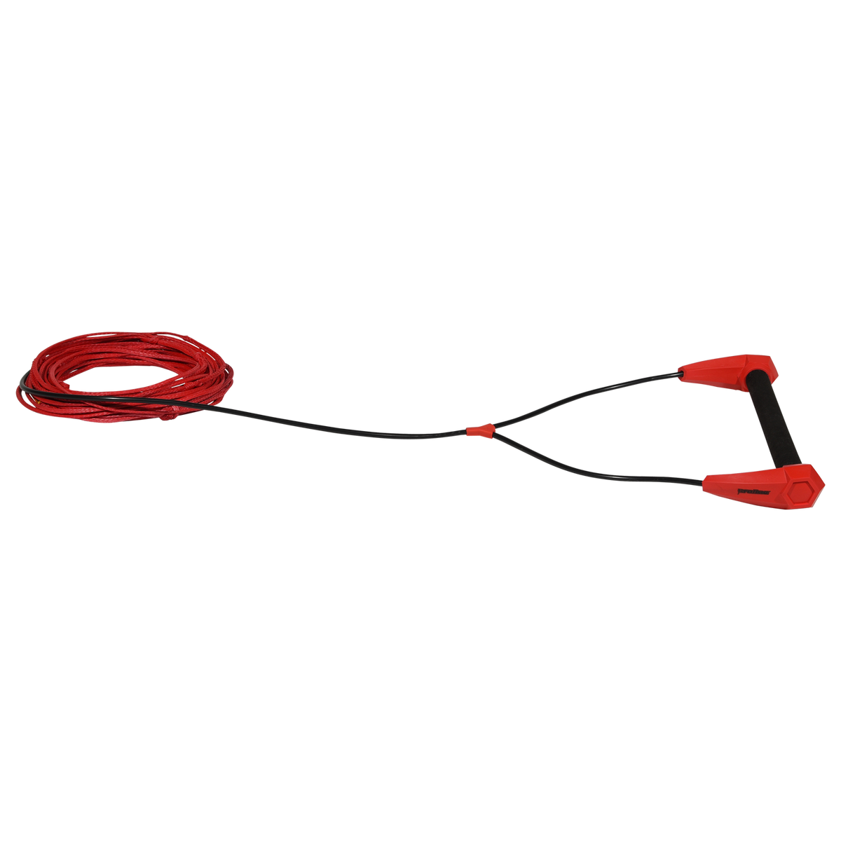 Angled view of Torq Handle with 65' Spectra Rope in red, shown coiled with red and black handle.