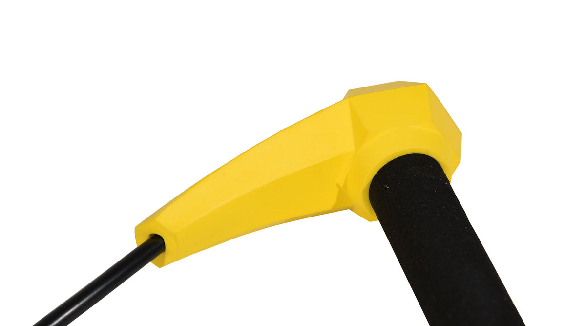 Close-up angled view of black textured grip and yellow end cap on Torq Handle.