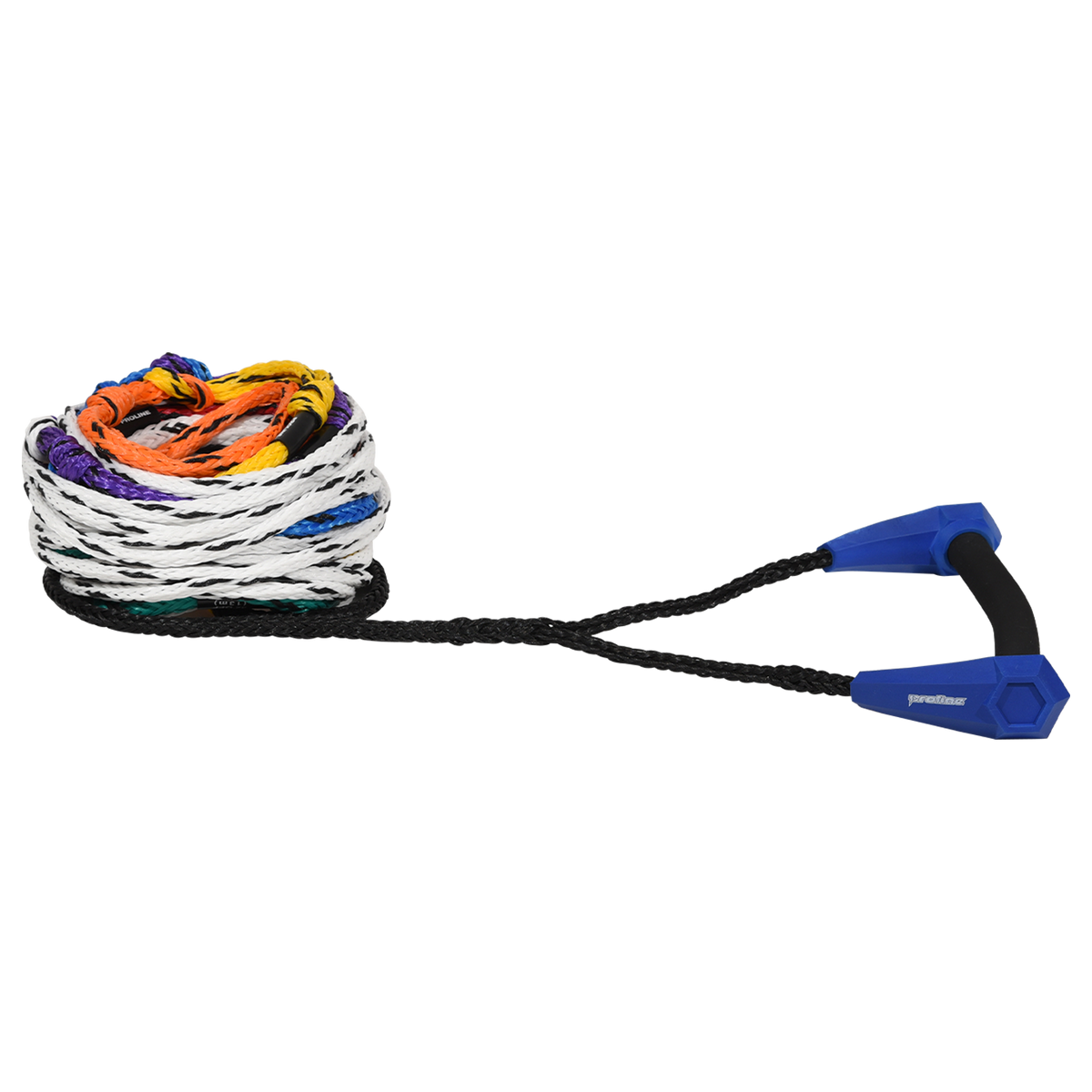 Torq Classic Radius Handle with 8-Section Mainline shown coiled with blue handle and multicolor rope.