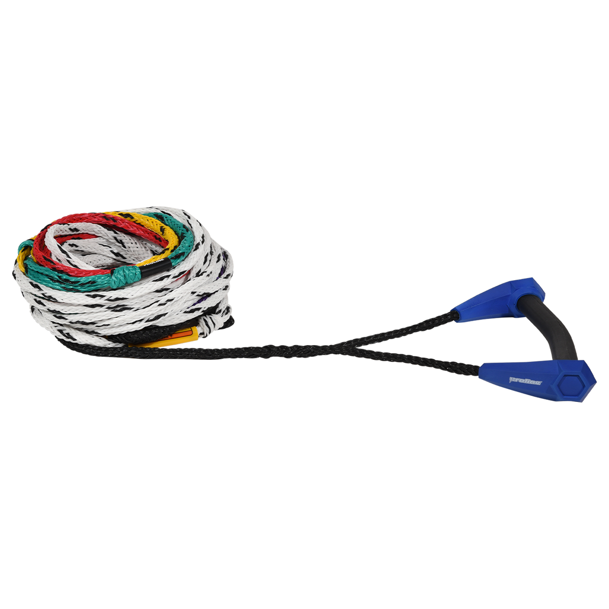Torq Course Radius Handle w/ 8-Section Mainline shown coiled with blue handle and multicolor rope.