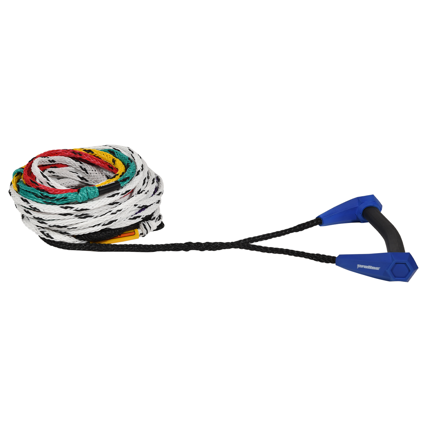 Torq Course Radius Handle w/ 8-Section Mainline shown coiled with blue handle and multicolor rope.