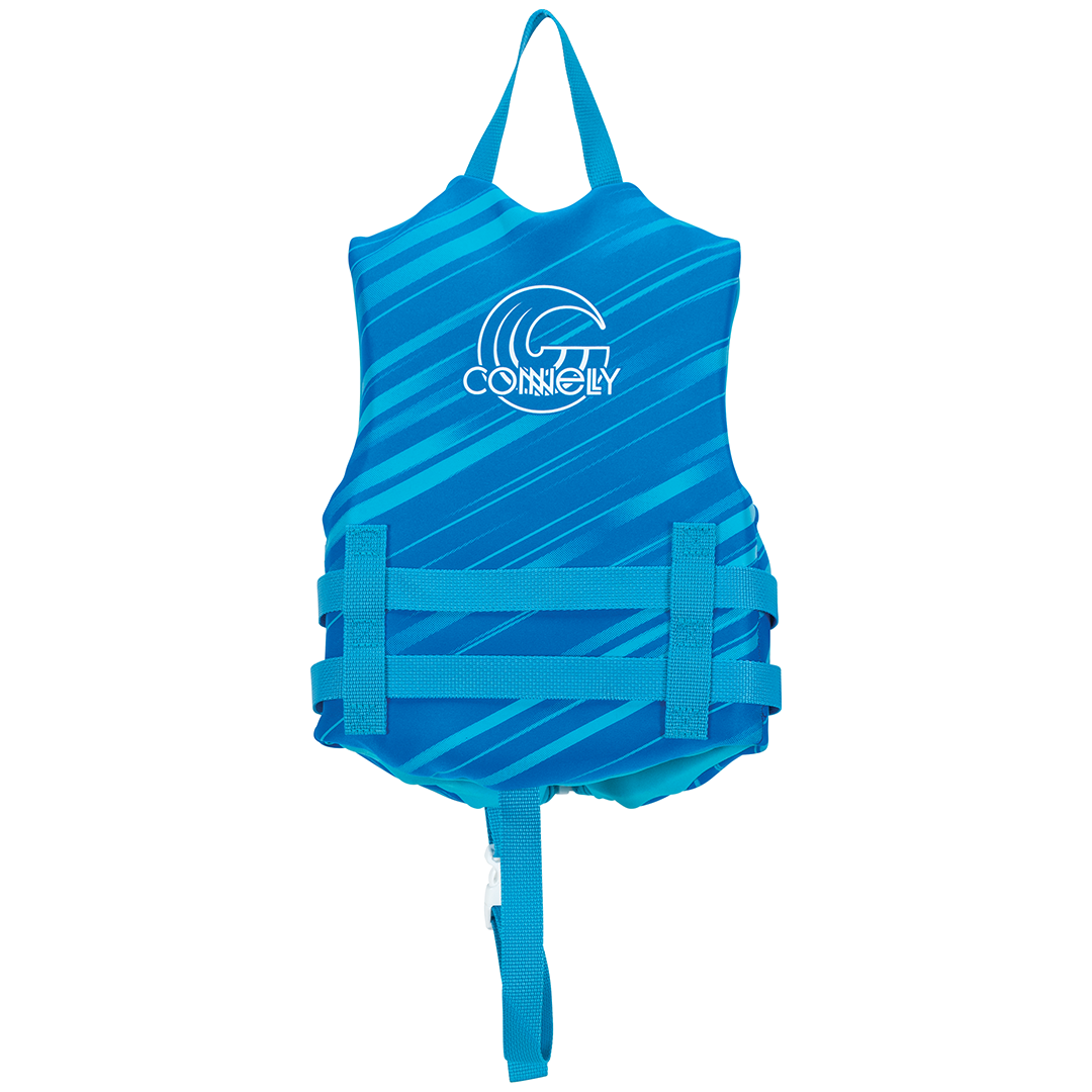 Back view of the Child Promo Neo life vest in blue with diagonal stripe design and Connelly logo.