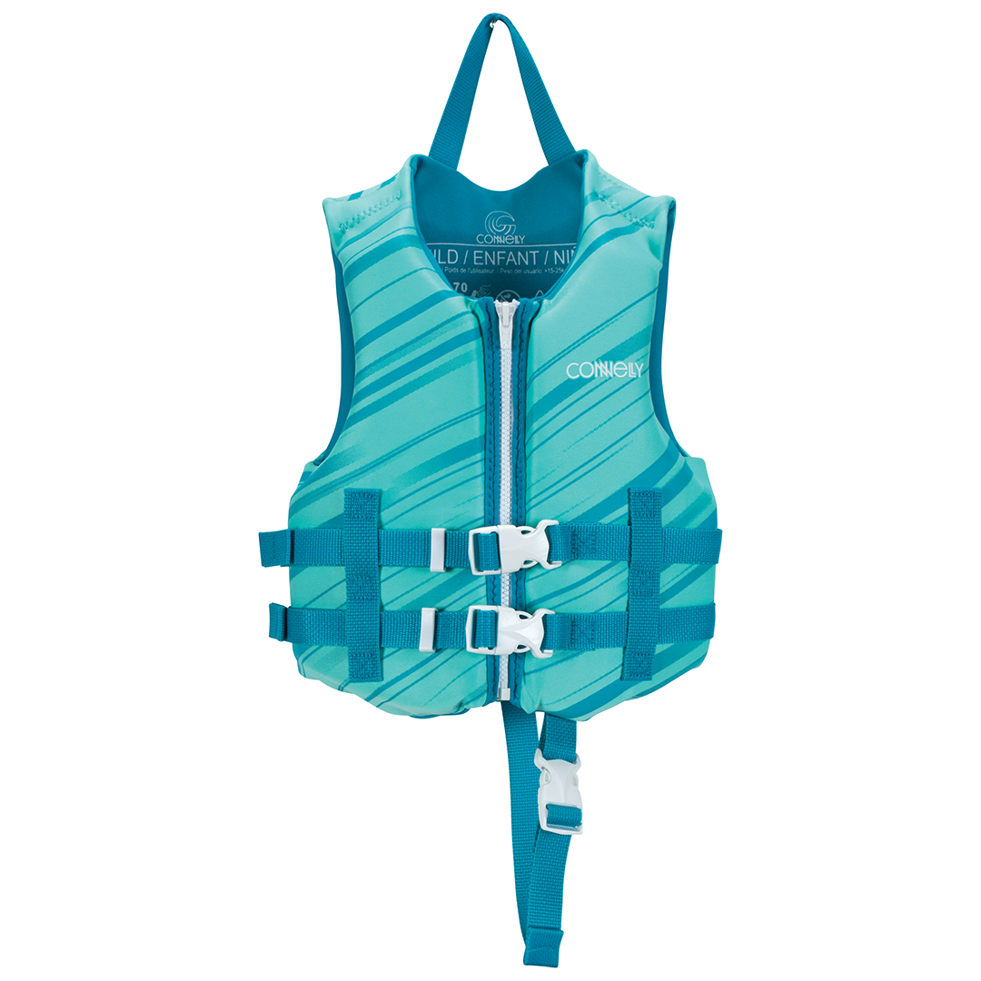 Front view of the Child Promo Neo life vest in teal with diagonal stripe design, zip closure, and safety straps.