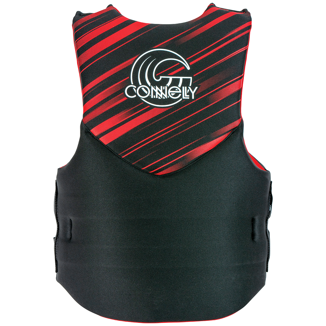 Back view of the Men's Promo Neo life vest in black and red, featuring a large logo, stripe design, and full back coverage.
