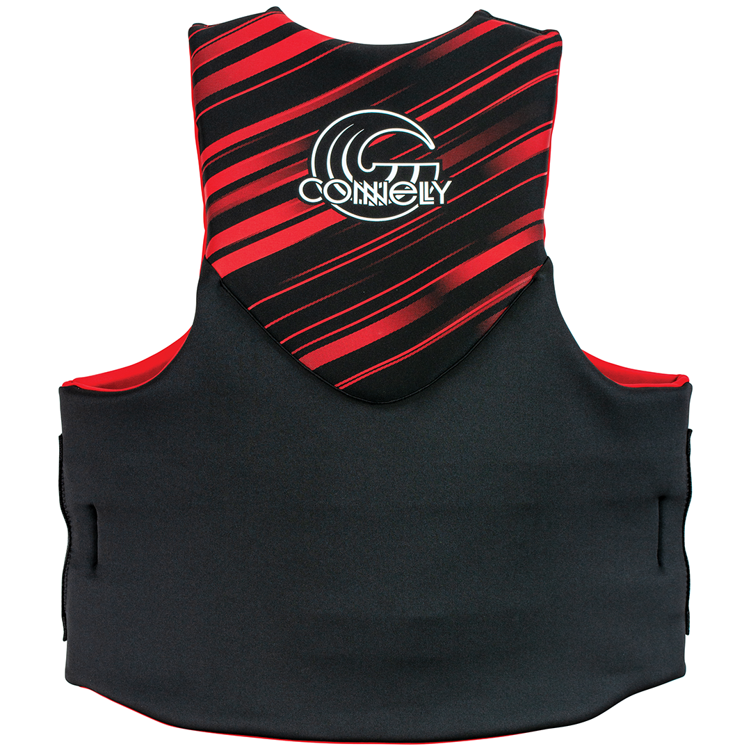 Back of the Men's Promo Neo Big & Tall life vest in black and red, featuring a large logo, stripe design, and extended fit.