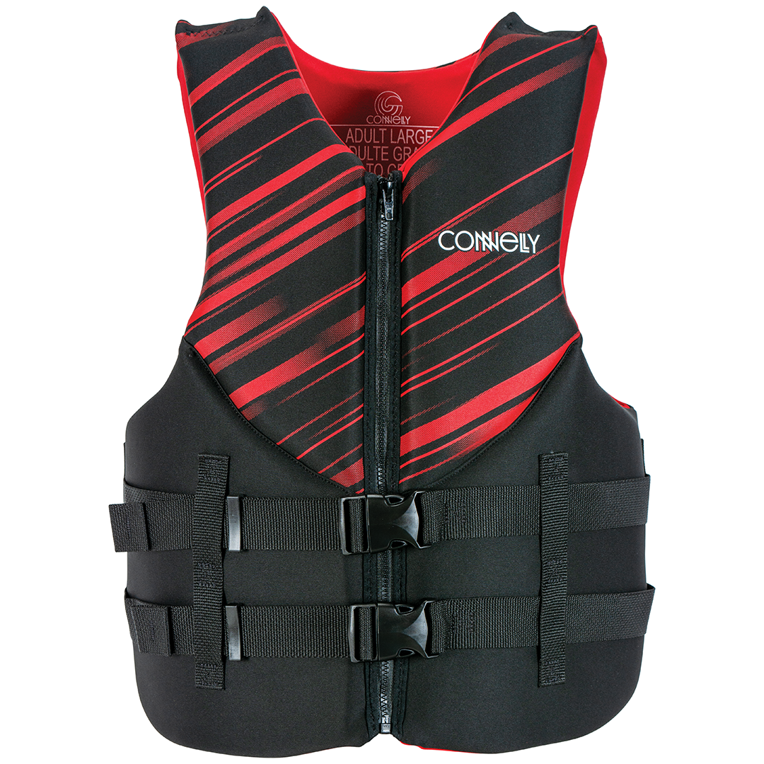 Front view of the Men's Promo Neo life vest in black and red with a zippered front, dual buckles, and angled stripe design.