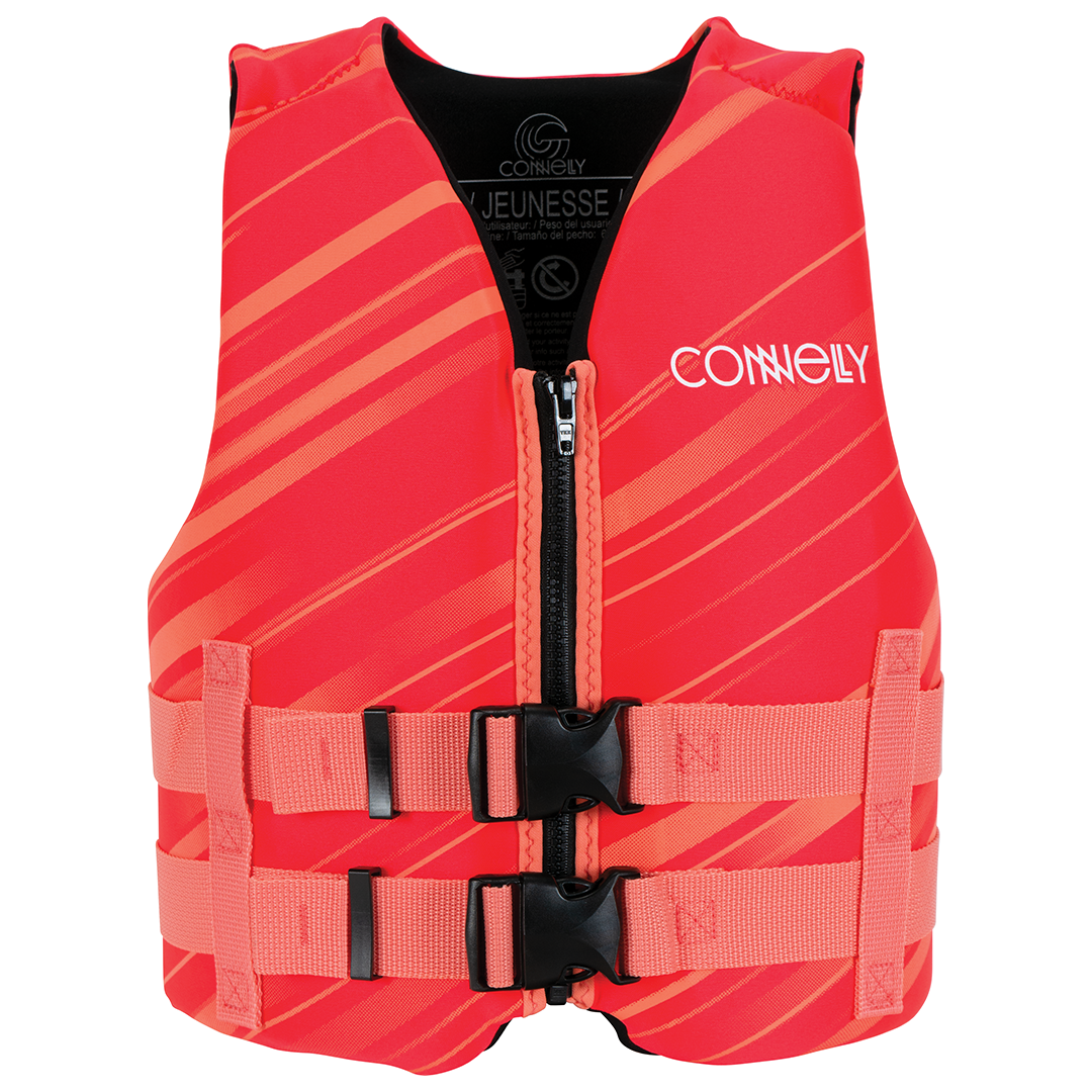 Front of Youth Promo Neo life vest in red with orange diagonal stripe details, zippered front, and two red buckle straps.