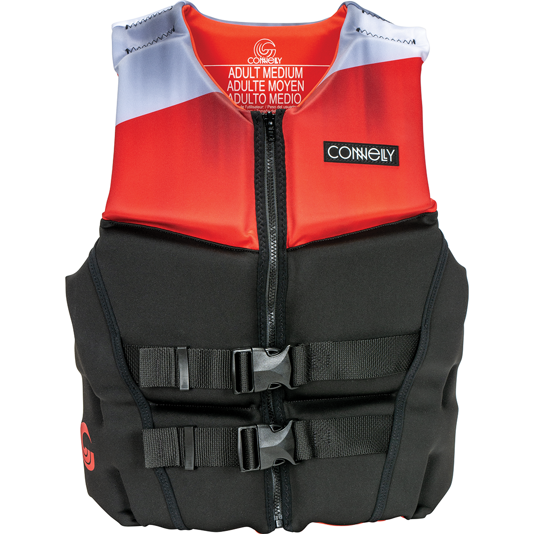Front view of the Pure life vest, featuring a red, black, and gray design, zippered front, and two adjustable black buckles.